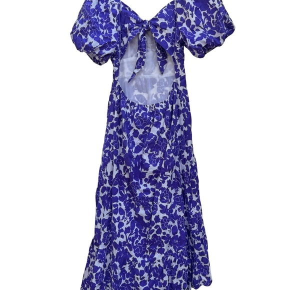 Free the Roses Purple Floral Puff Sleeve Open Back Tie Midi Dress - Size L - Picture 6 of 7
